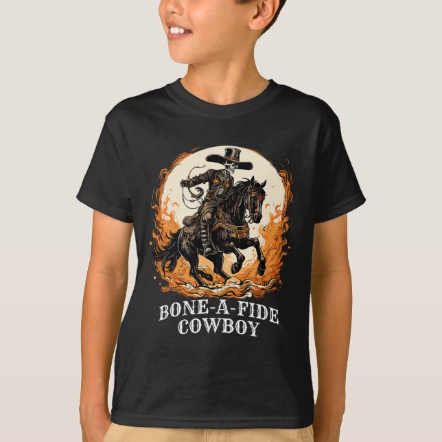 Camiseta Vaqueiro de Halloween legítimo Rodeio de Esqueleto (Frente)