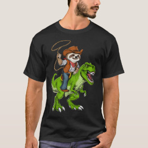 Camiseta Vaqueiro de Preguiça Montando Dinossauro T-Rex