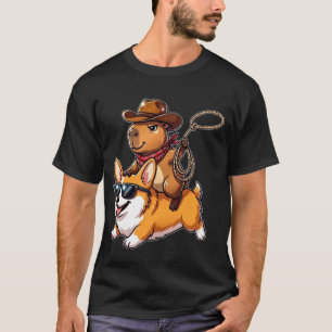 Camiseta Vaqueiro Engraçado Capivara Montando Corgi Cartoon