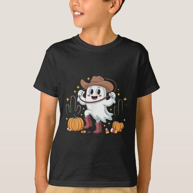 Camiseta Vaqueiro Engraçado Fantasma de Halloween Ocidental (Frente)