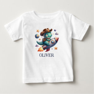 Camiseta Vaquero Dinossauro Espacial Fofo Pilotando Foguete