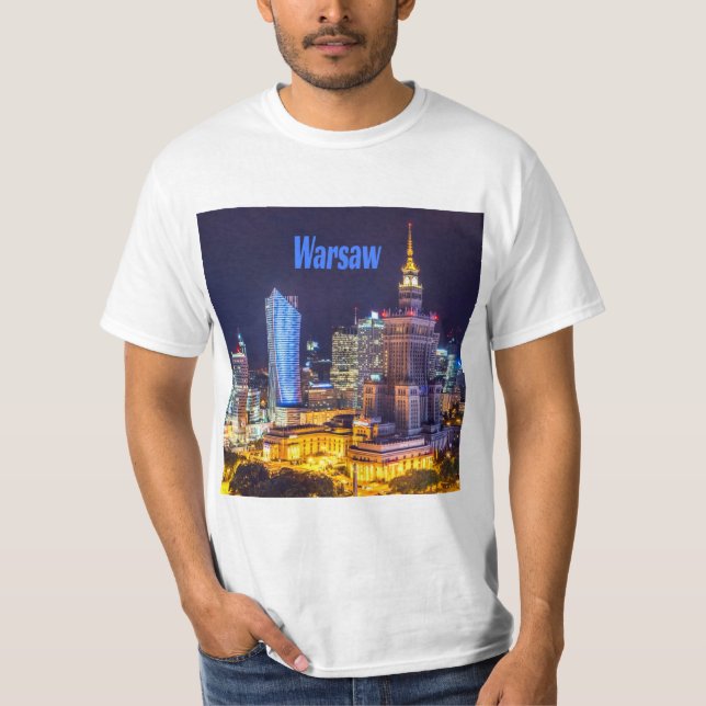 Camiseta Varsóvia Polônia Night Skyline Varsóvia Spire (Frente)
