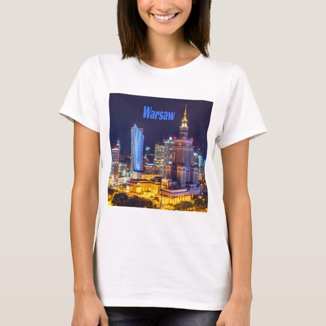 Camiseta Varsóvia Polônia Night Skyline Varsóvia Spire (Frente)
