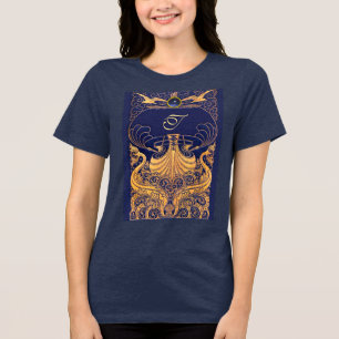 Camiseta Vaso Antigo,Golfinhos,Ouro,Monograma Azul-Marinho