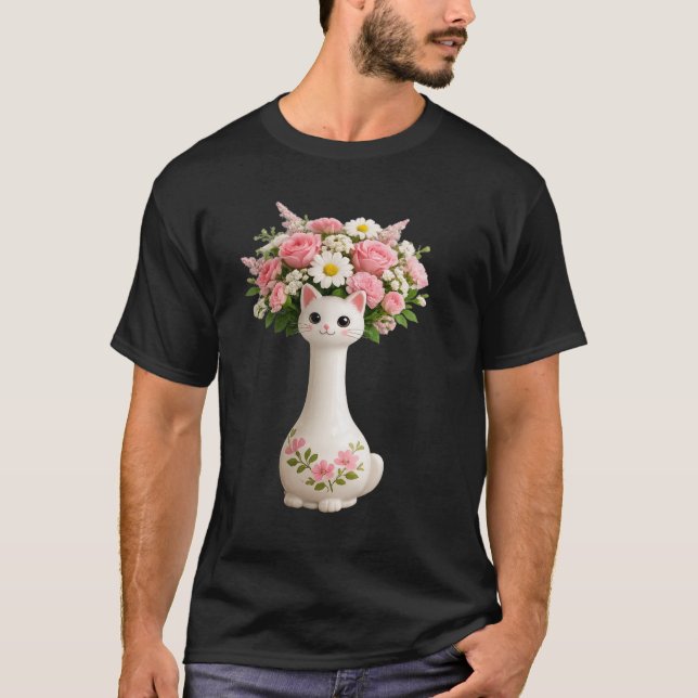 Camiseta Vaso de Gato com Pescoço Longo e Flores Rosas (Frente)