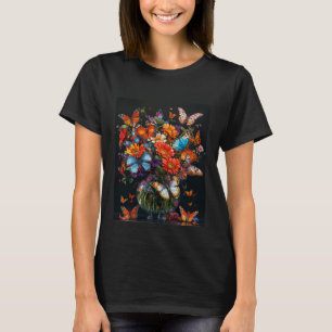 Camiseta Vaso de vidro com borboletas coloridas e flores.