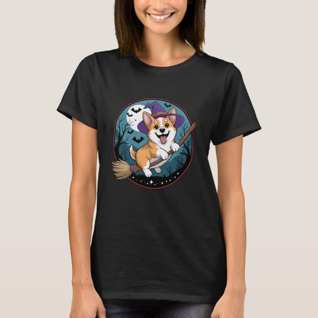 Camiseta Vassoura de Bruxa Corgi Halloween Lua Cheia Cachor (Frente)