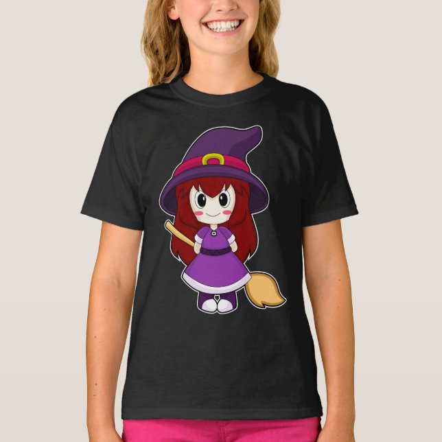 Camiseta Vassoura de Bruxa de Halloween para Menina (Frente)