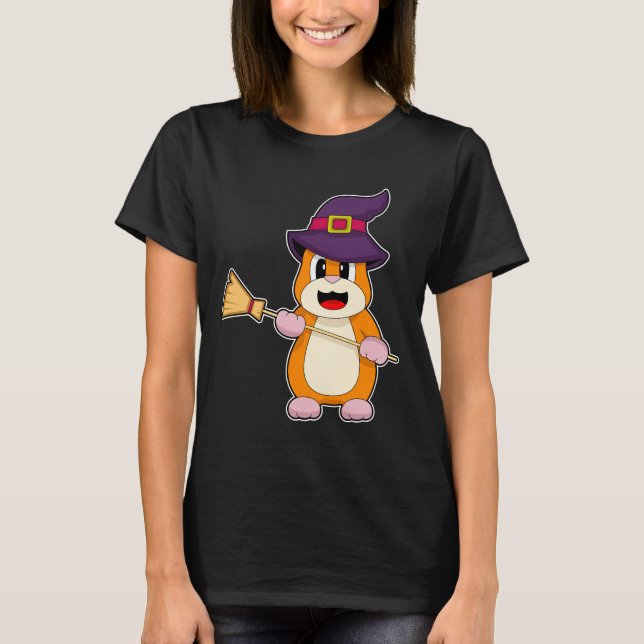 Camiseta Vassoura-de-bruxa do Halloween de Hamster (Frente)