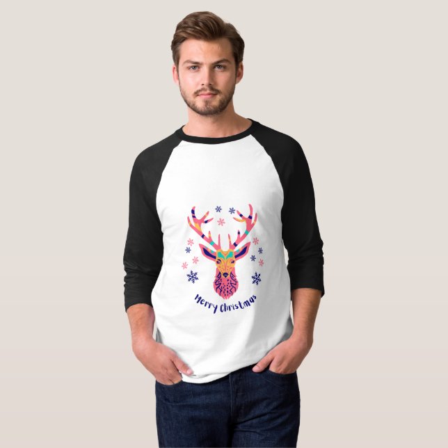 Camiseta Veado, Estrelas e Papai Noel de Natal (Frente Completa)