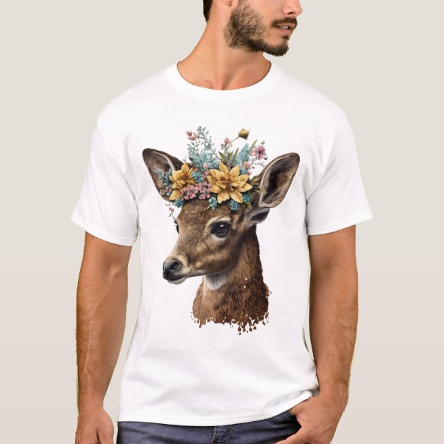 Camiseta Veado Floral De Cores Aquáticas (Frente)
