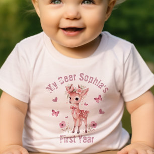 Camiseta Veado Floral E Garota Borboleta Primeiro Aniversár