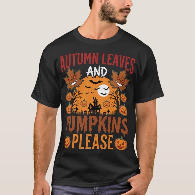 Camiseta Vector Assustador de Folhas de Outono e Abóboras d (Frente)