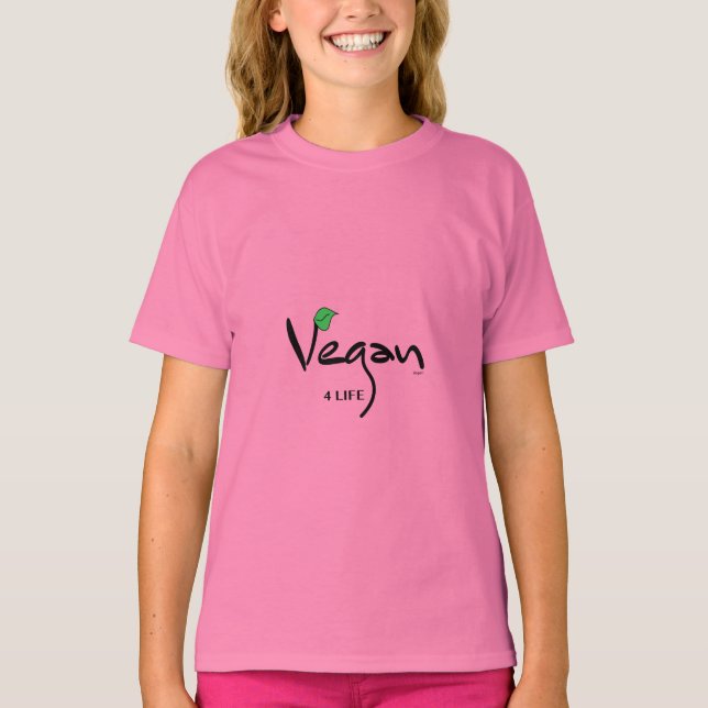 Camiseta Vegan 4 Life with Green Leaf Pink (Frente)