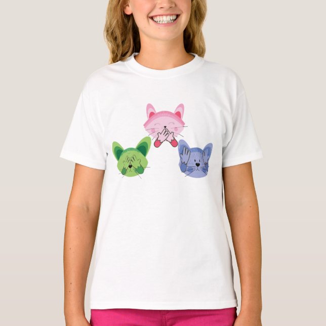Camiseta Veja Sem Mau, Ouçam Falar Sem mau Gatos Crianças E (Frente)