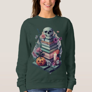 Camiseta Vela de Abóbora de Pálpebra Crânio de Livro Floral