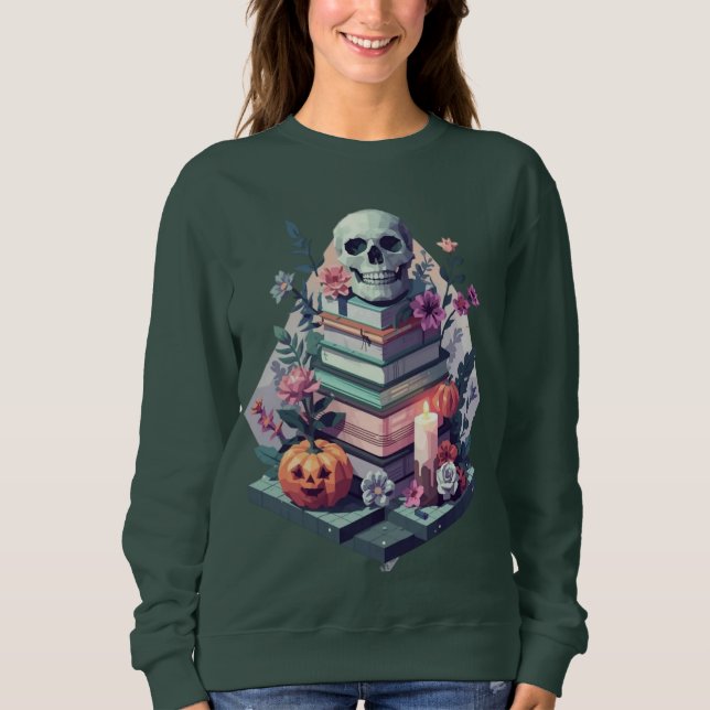 Camiseta Vela de Abóbora de Pálpebra Crânio de Livro Floral (Frente)