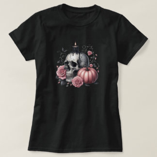 Camiseta Vela de Caveira Pastel Goth com Rosas e Abóbora Ch
