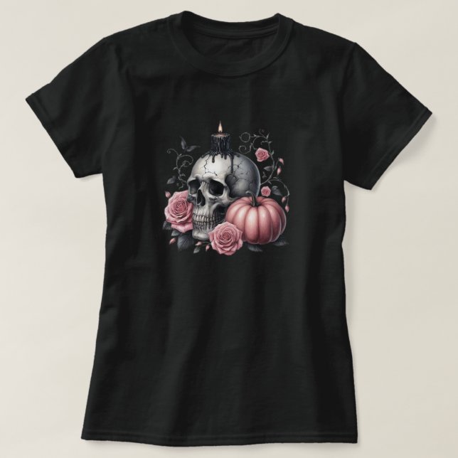 Camiseta Vela de Caveira Pastel Goth com Rosas e Abóbora Ch (Frente do Design)