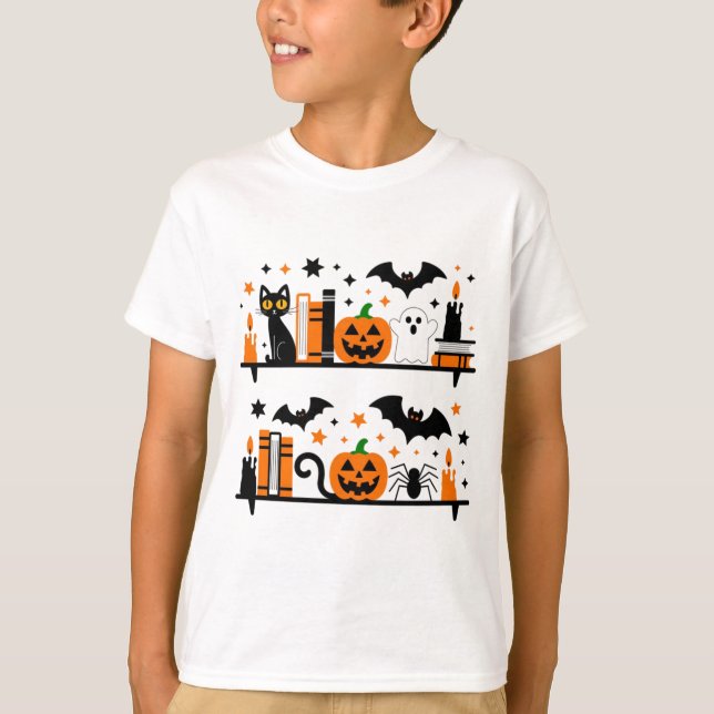 Camiseta Vela do Livro de Halloween do Gato Pumpkin Bat Spi (Frente)