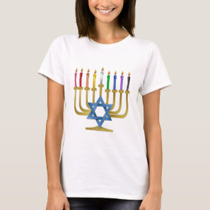 Camiseta Velas de Arco-íris de Hanuka Menorah Dourada
