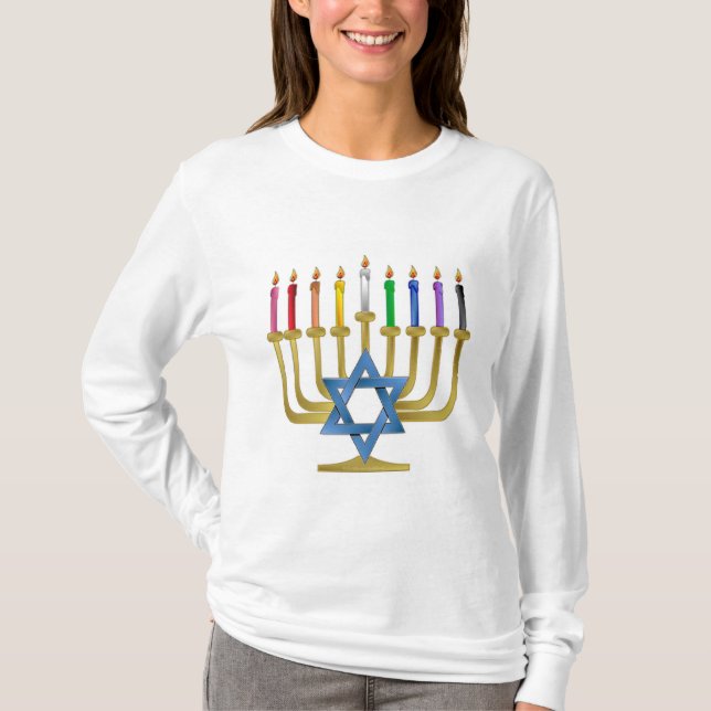 Camiseta Velas de Arco-íris de Hanuka Menorah Dourada (Frente)