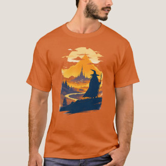 Camiseta Velho Viajante Contemplando uma Cidade Mística Fan