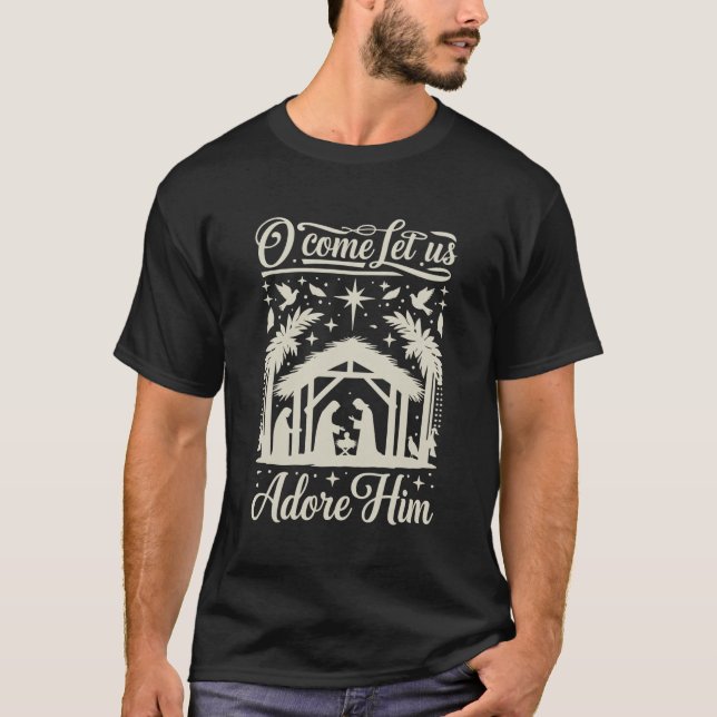 Camiseta Venha Adoremos a Ele Cena de Natal Cristã  (Frente)