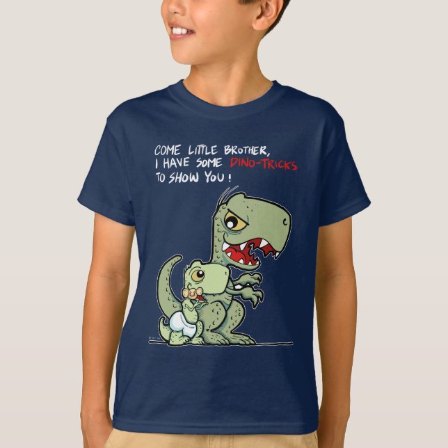 Camiseta Venha irmãozinho, tenho alguns truques de dino (Frente)