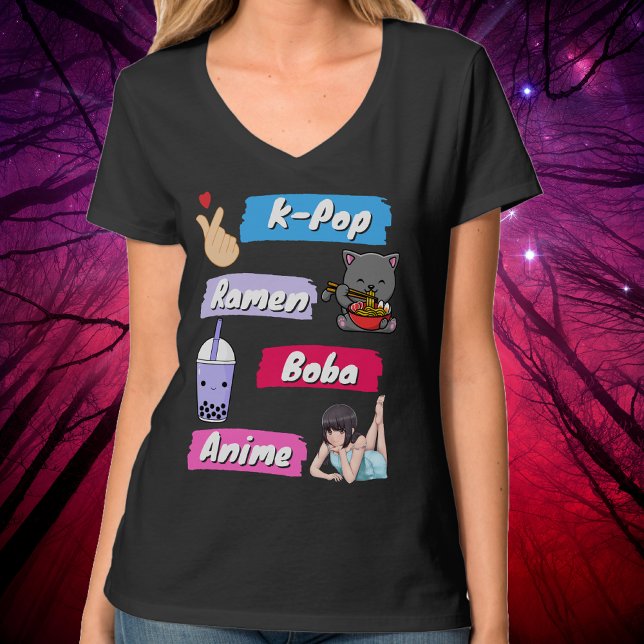 Camiseta Ventilador da cultura de Pop, Pop, Ramen, Boba e A (K-Pop, Ramen, Boba and Anime Pop Culture Fan T-Shirt)