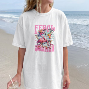 Camiseta Verão de Garota Feral Retro Flamingo Praia