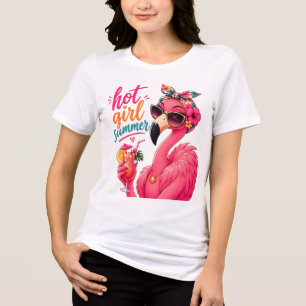 Camiseta Verão de Garota Quente Flamingo com Óculos de Sol