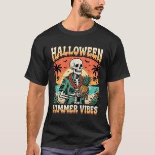 Camiseta Verão de Halloween Vibes Esqueleto Tropical Praia