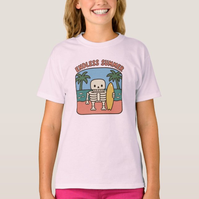 Camiseta Verão Infinito de Surf Skeleton Retro Nostal Beach (Frente)