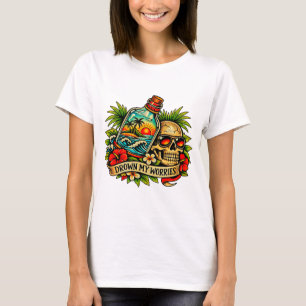 Camiseta Verão Retrô Caveira Mensagem numa Garrafa Praia mu