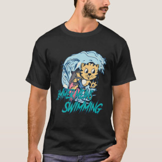Camiseta Verão Significa Nadar - Gato Com Surfboard E Wav