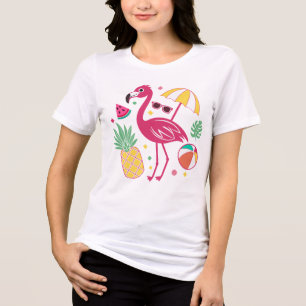 Camiseta Verão Tropical Vibrante Flamingo & Praia de Abacax