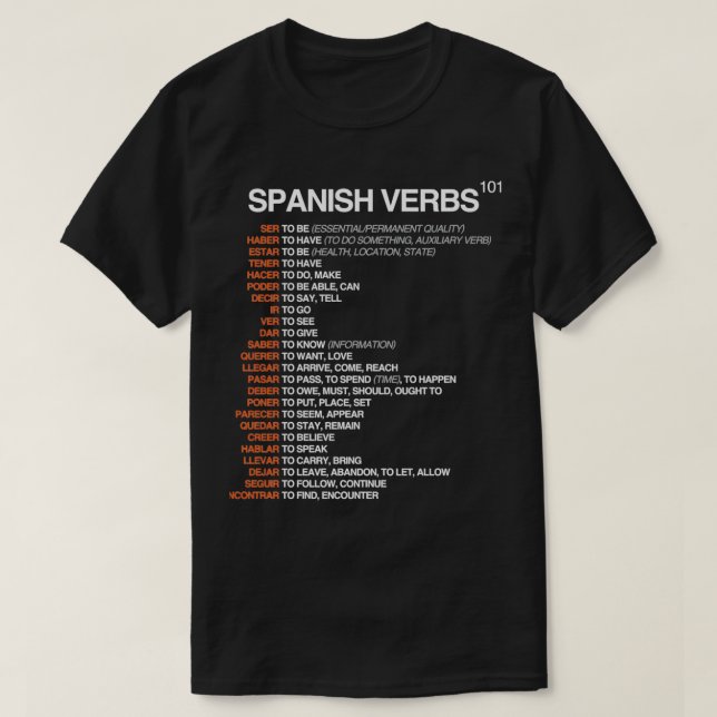 Camiseta Verbos Espanhol 101 Folha de Cheatsheet em Língua  (Frente do Design)