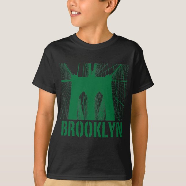 Camiseta Verde da silhueta da ponte de Brooklyn (Frente)