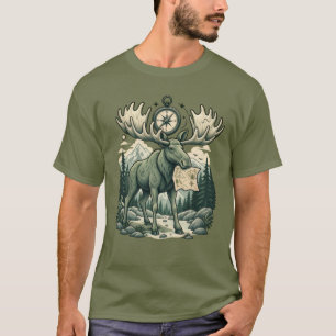 Camiseta Verde de Algodão com Alce e Montanha Búss