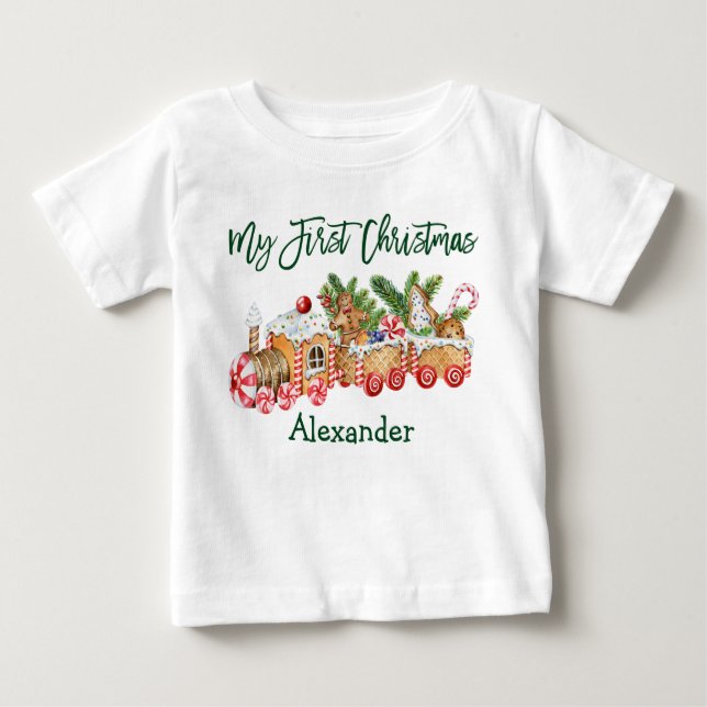 Camiseta Verde Meu Primeiro Comboio De Gingerpão De Natal (Frente)