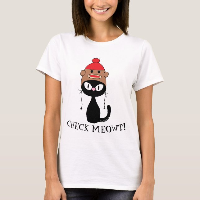 Camiseta VERIFIQUE MEOWT! Gato Preto Com Chapéu De Macaco (Frente)