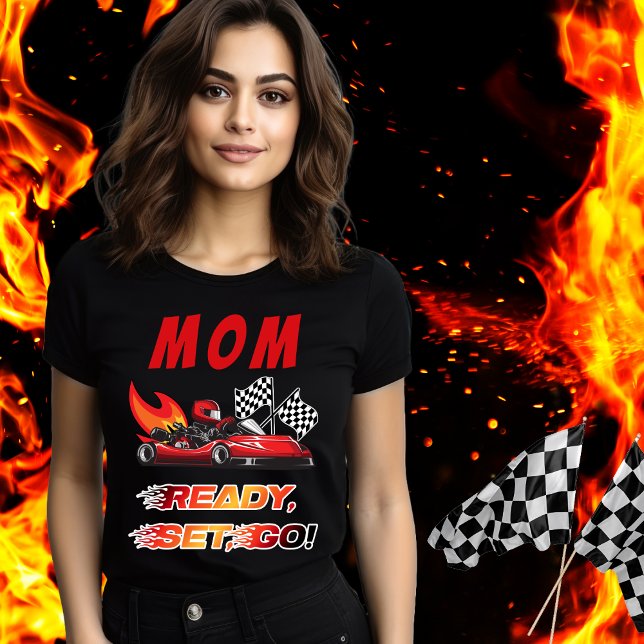 Camiseta Vermelha | Black Go Kart Racing Birthday (Red and Black Go Kart Racing Kid's Birthday "Mom" "Ready, Set, Go!" Tshirt)