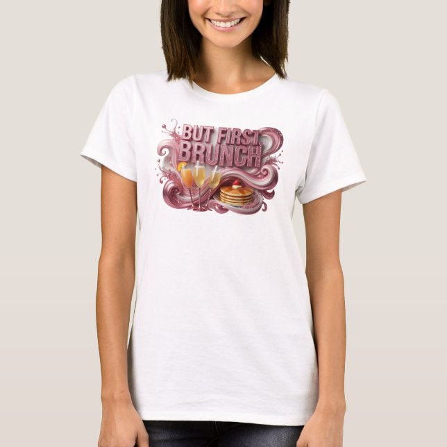 Camiseta Vermelha com a Frase BUT FIRST BRUNCH (Frente)
