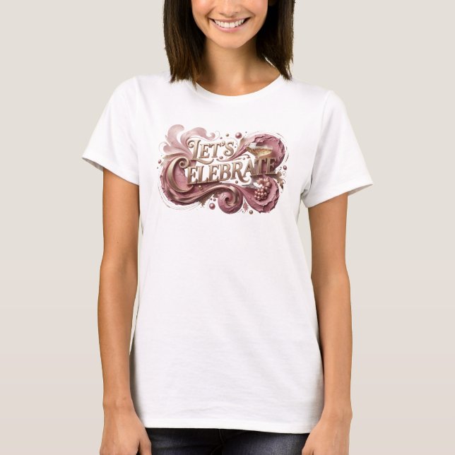 Camiseta Vermelha da Moda VAMOS CELEBRAR Design (Frente)
