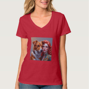 Camiseta Vermelha Decote V Impressão de Imagem Per