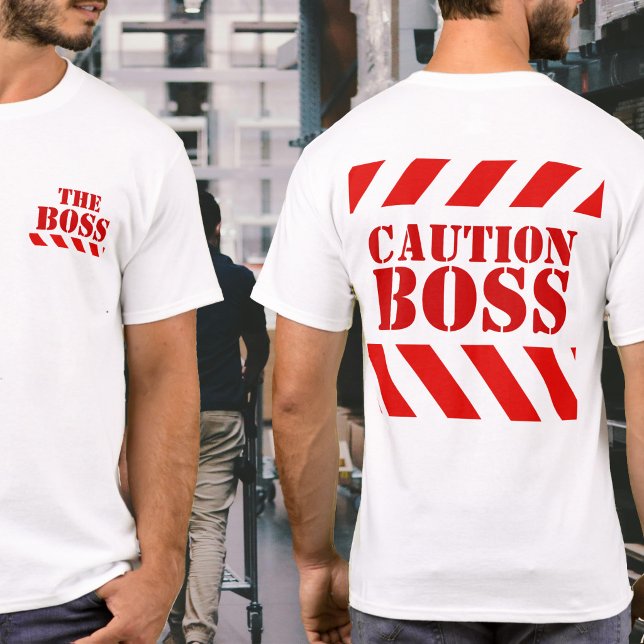 Camiseta vermelha e branca de listras de aviso BOS (Criador carregado)