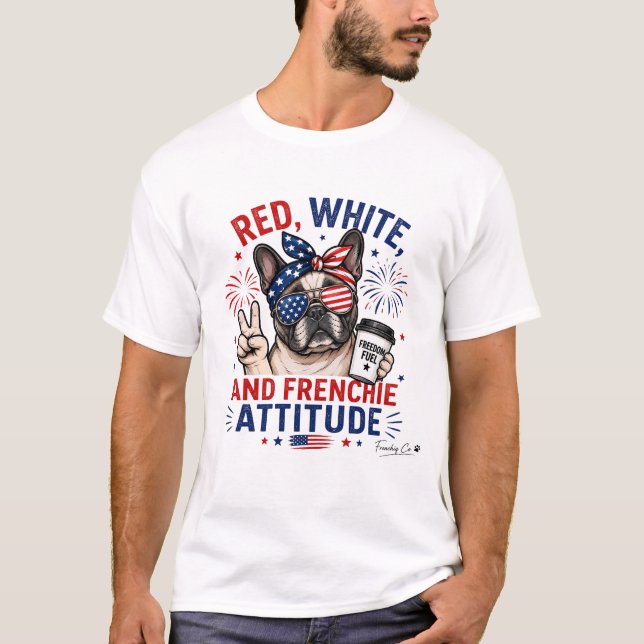 Camiseta Vermelho Branco e Atitude Frenchie Bulldog Pat (Frente)
