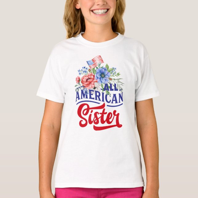 Camiseta Vermelho branco e azul floral All American Sister (Frente)