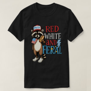Camiseta Vermelho Branco e Feral – Guaxinim engraçado de 4 